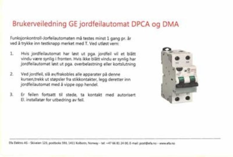 Brukerveiledning Jordfeilautomat Efa Elektro AS